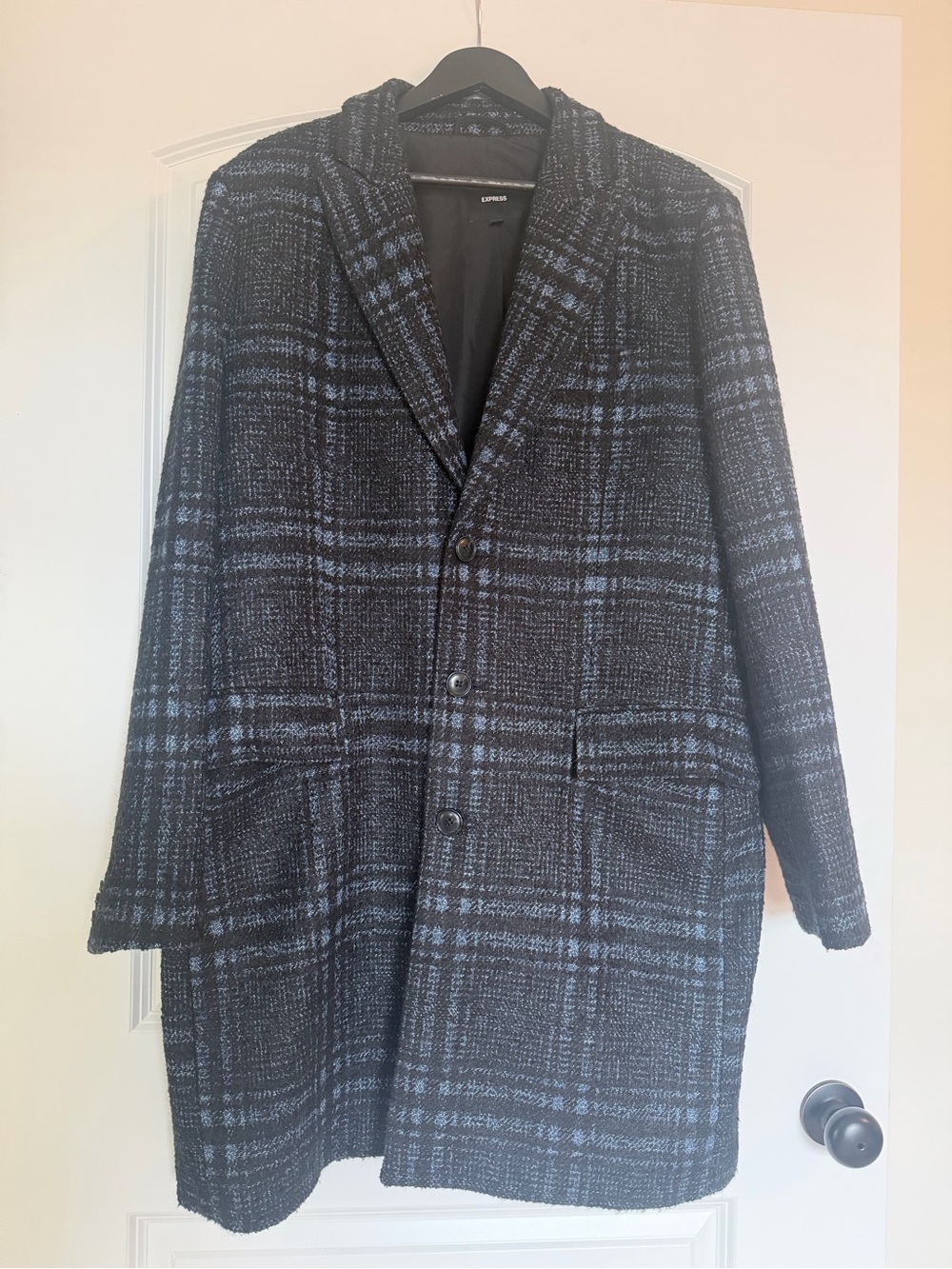 Express Men's Black and Blue Plaid Pea Coat